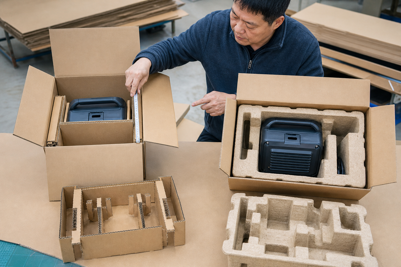 Asian packaging technician comparing corrugated and molded-pulp inserts