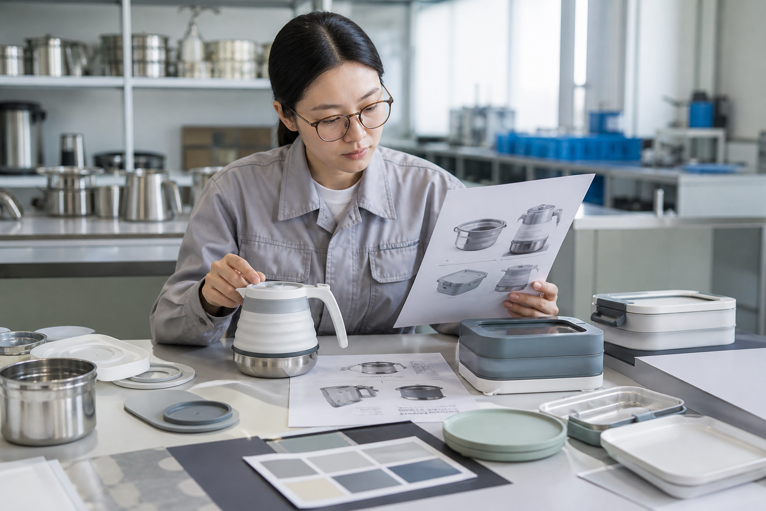 Asian quality engineer reviewing kitchenware materials and specification sheets in a factory sample room