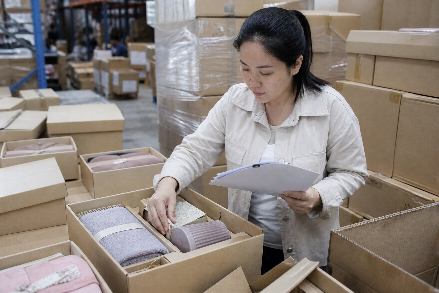 Asian shipment inspector counting components in a gift set before export