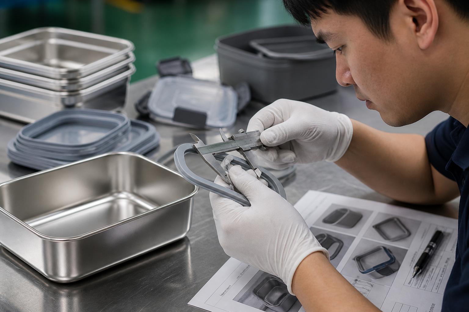 Asian technician measuring a silicone gasket for a stainless-steel lunch container