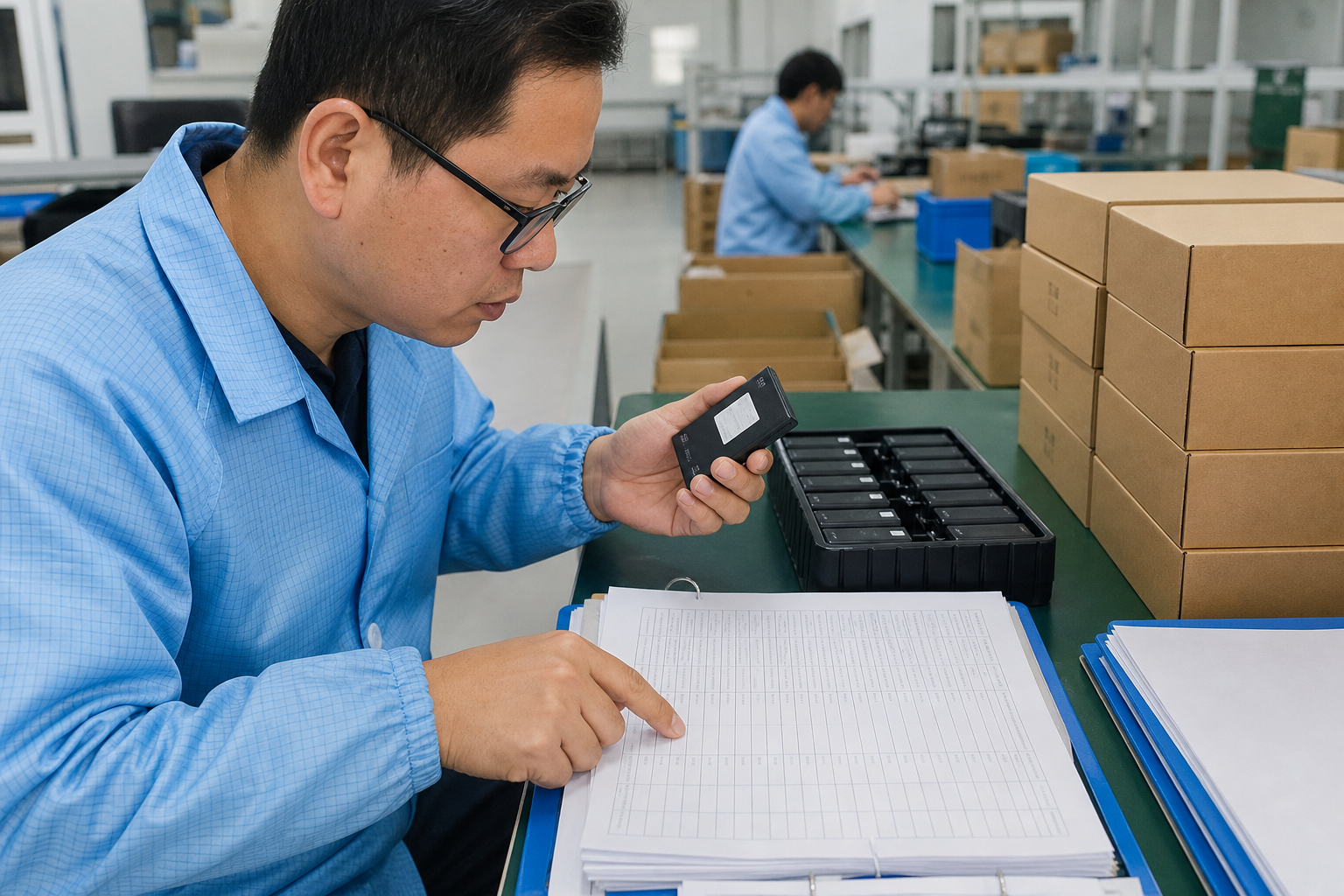 Asian export engineer matching a rechargeable product battery to shipment documents