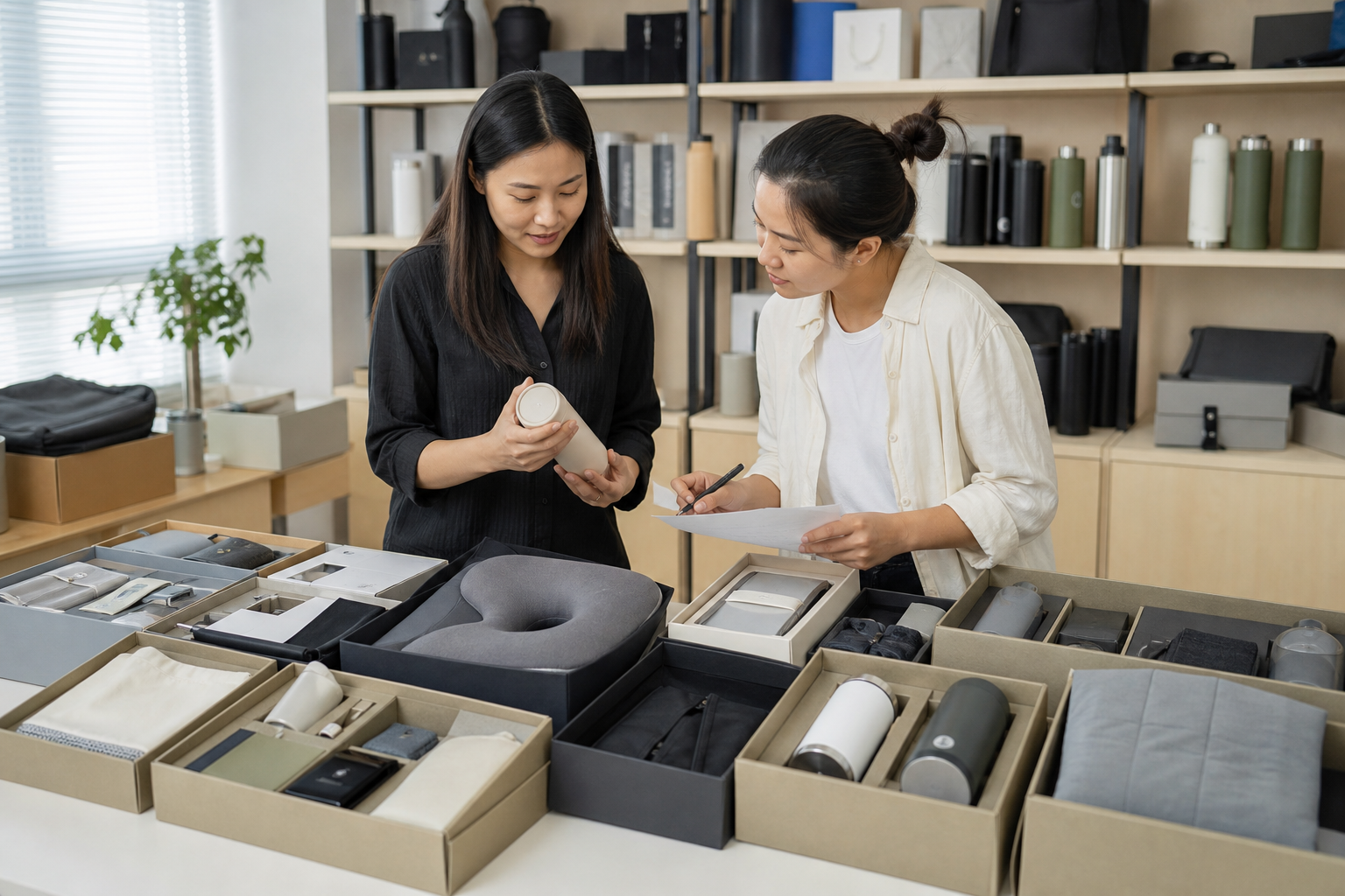 Asian merchandisers comparing products and packaging for multi-SKU gift sets