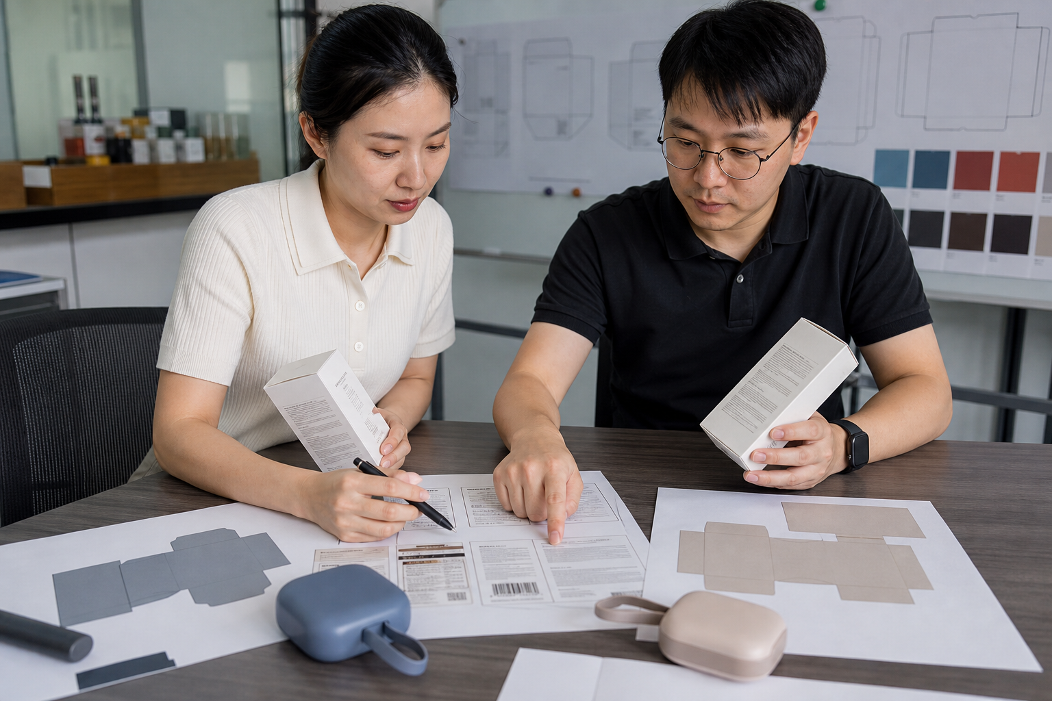Asian export staff reviewing private-label packaging artwork for multiple markets