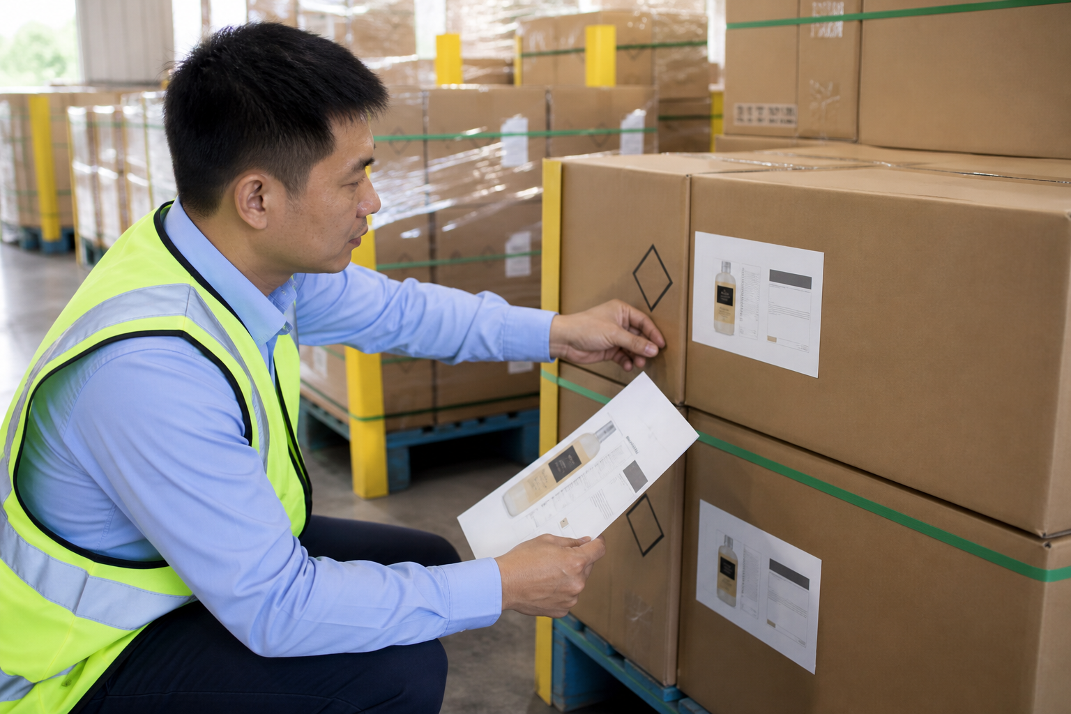 Asian warehouse inspector comparing carton labels with an approved artwork proof