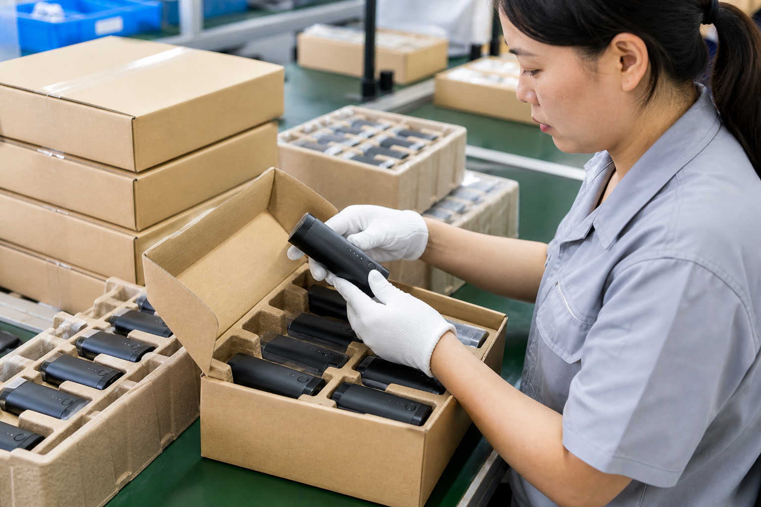 Asian shipping specialist inspecting rechargeable products in protective export packaging