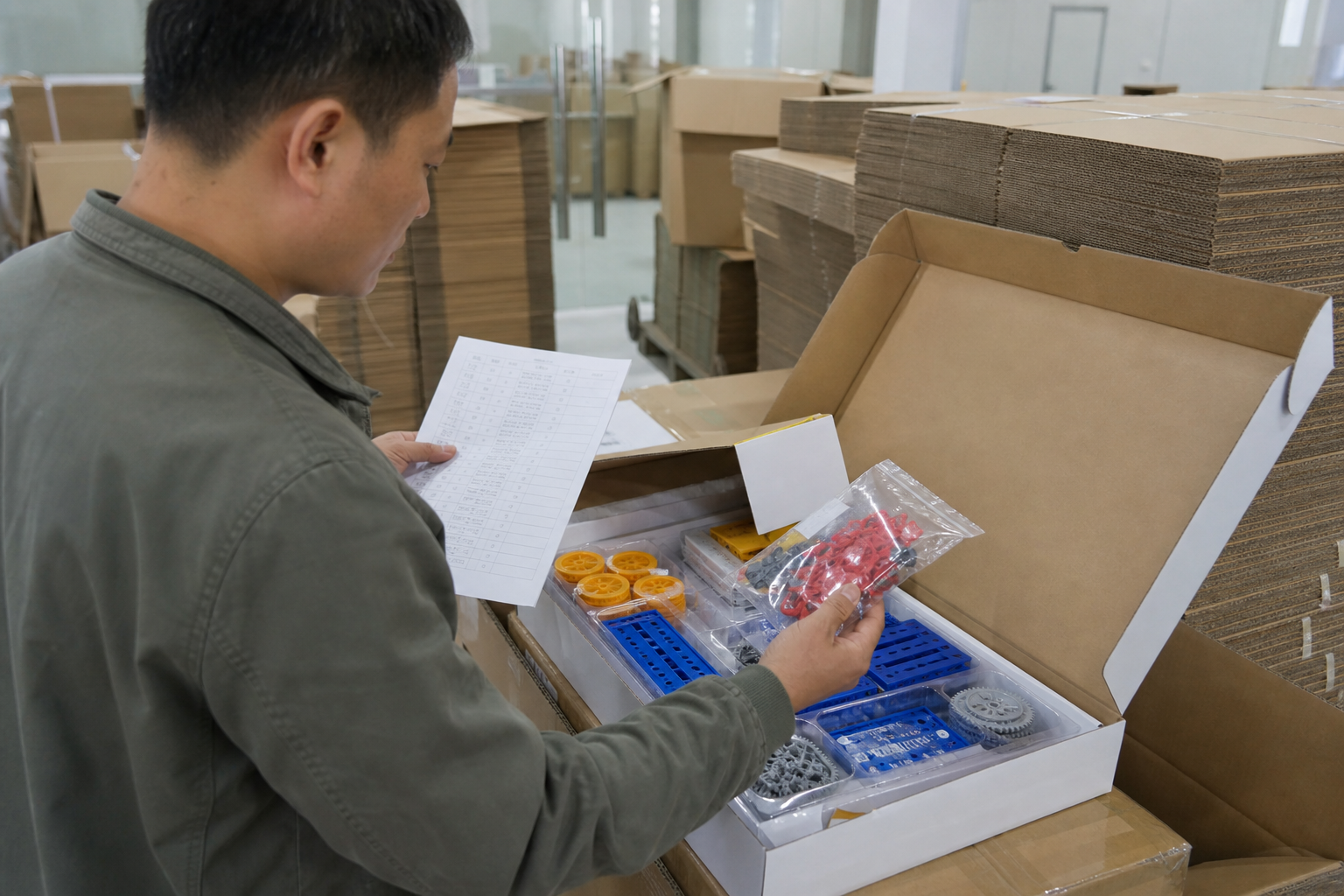 Asian inspector checking boxed STEM toy components before export shipment