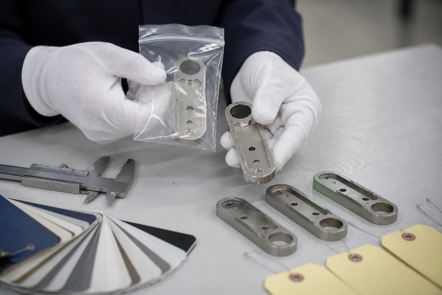 Inspector comparing production parts with an approved reference sample