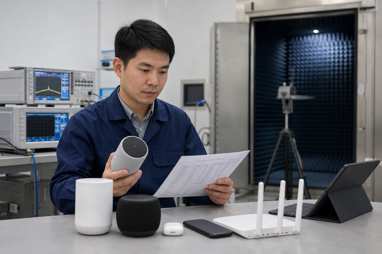 Asian electronics technician reviewing wireless devices in an RF laboratory