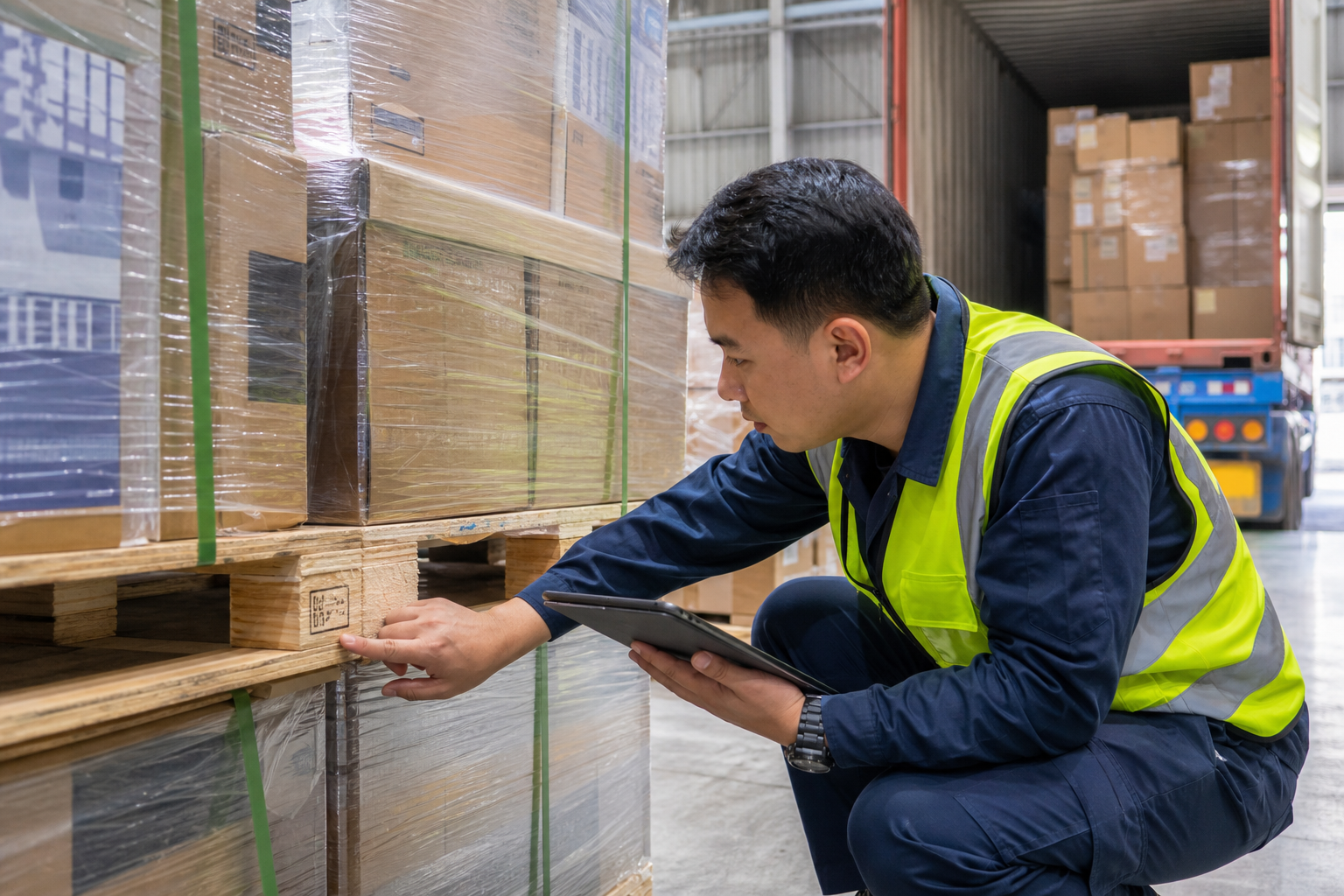 Asian warehouse inspector reviewing marks on wooden export pallets