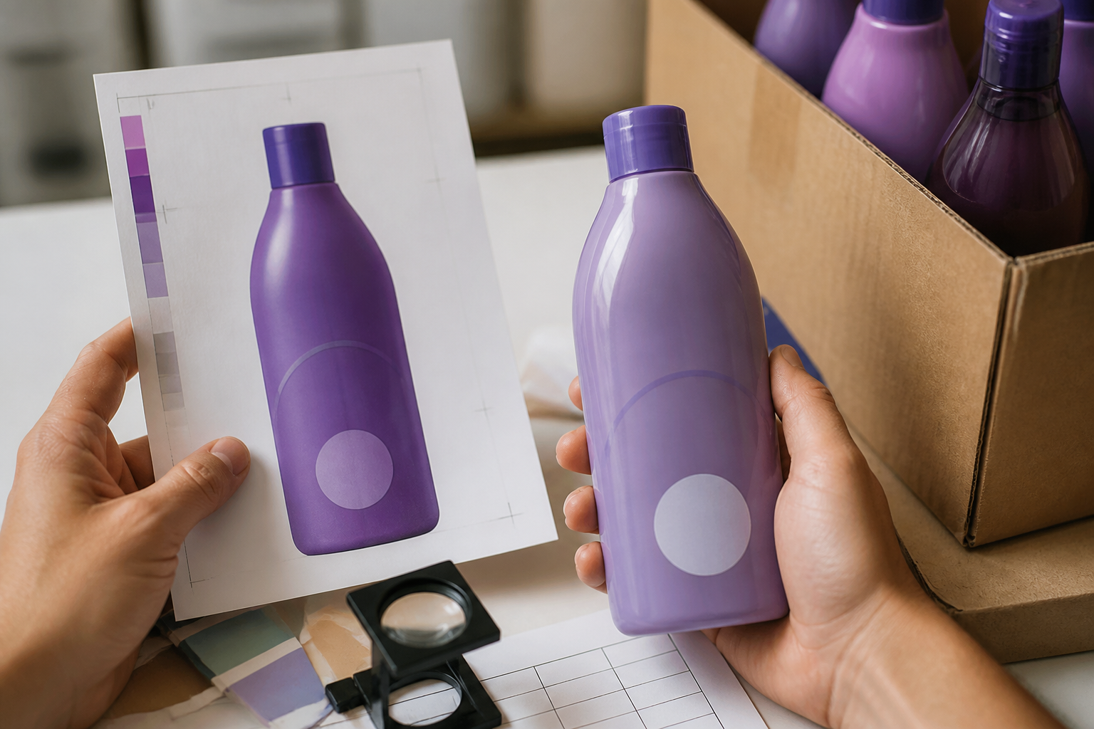 Hands comparing a product origin mark with approved package artwork