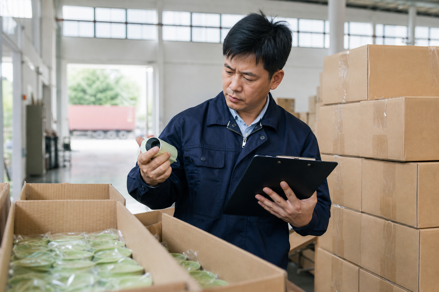 Asian warehouse employee checking origin marks on export cartons