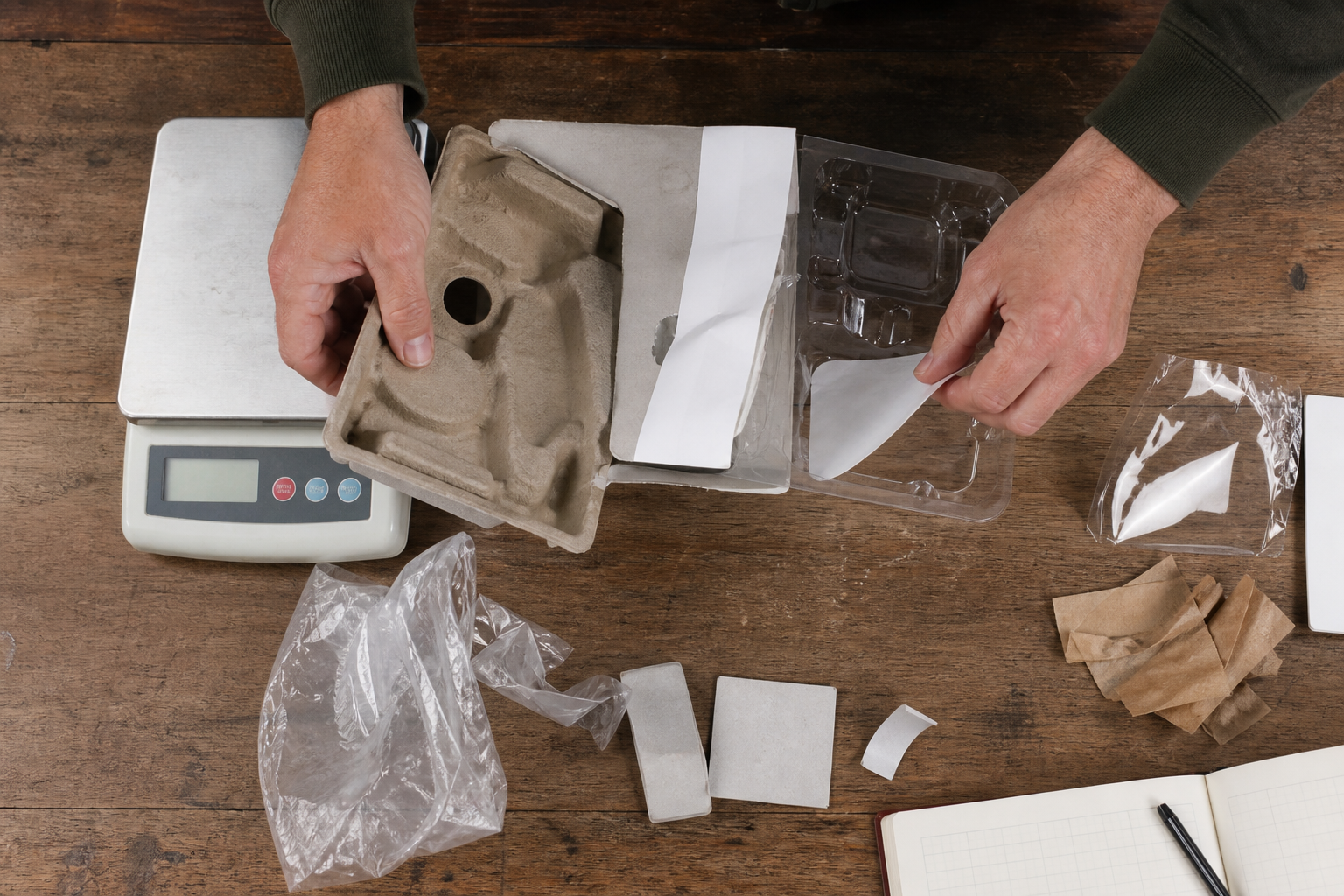 Packaging components separated and weighed by material