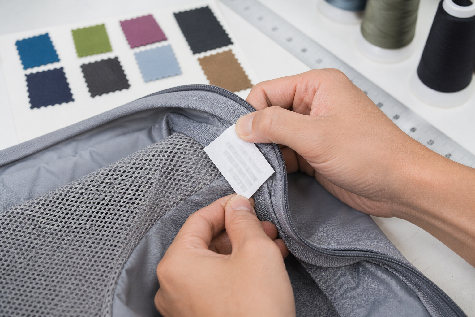Close inspection of a packing cube seam fabric and care label