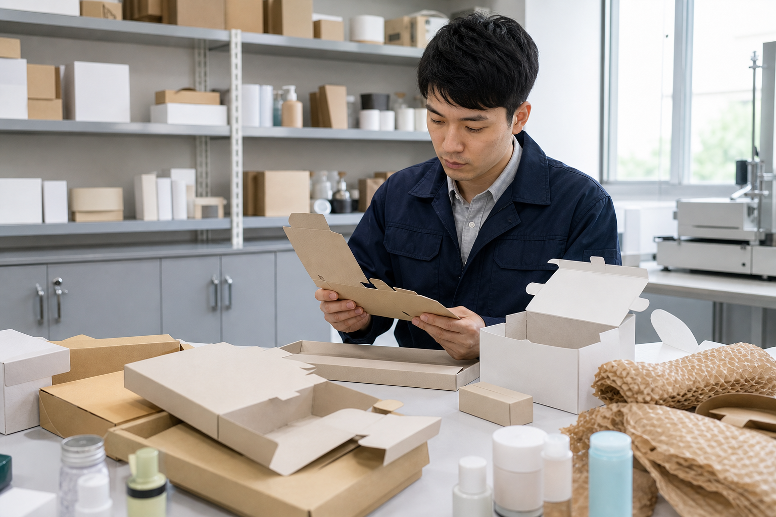 Asian packaging engineer reviewing recyclable consumer-product packaging