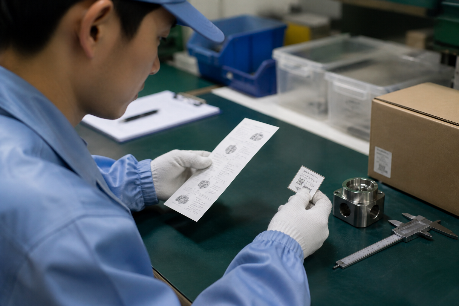 Factory employee checking product traceability and instruction materials