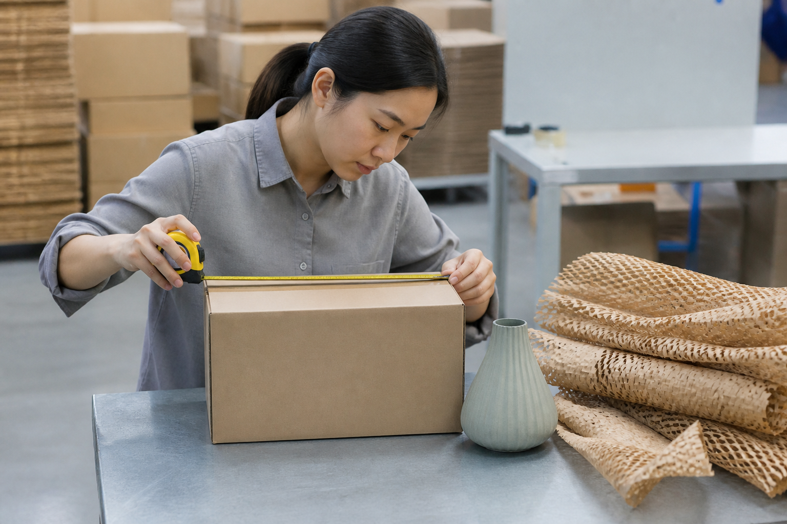 Factory packer measuring an unbranded retail carton with protective packaging