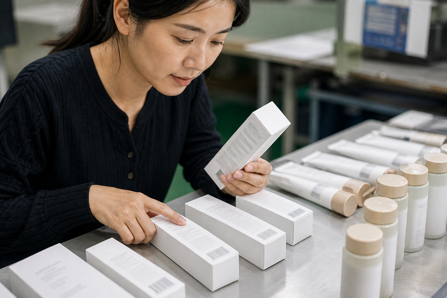Asian sourcing specialist checking product package barcode placement