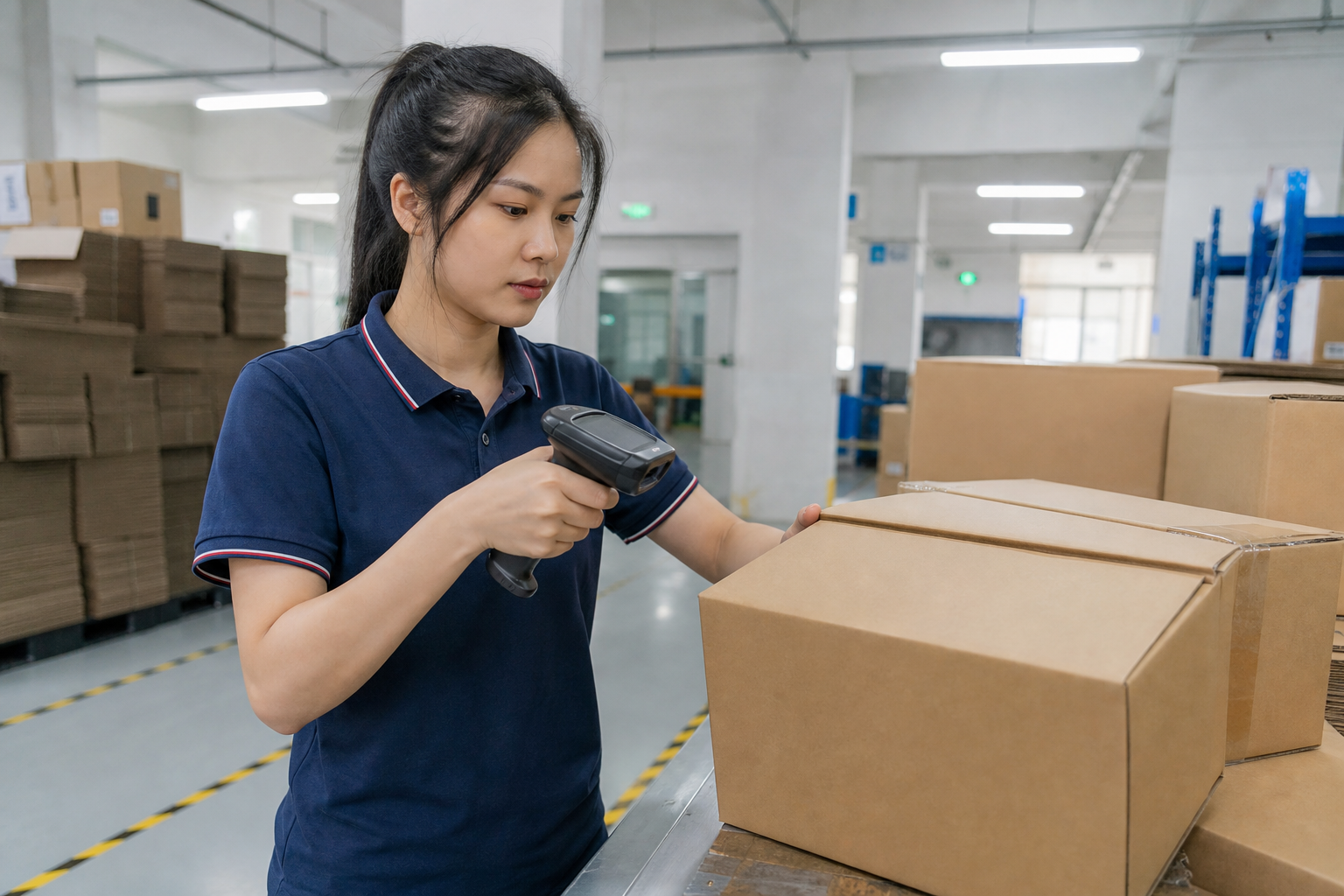 Asian staff member scanning an unbranded product package during inspection
