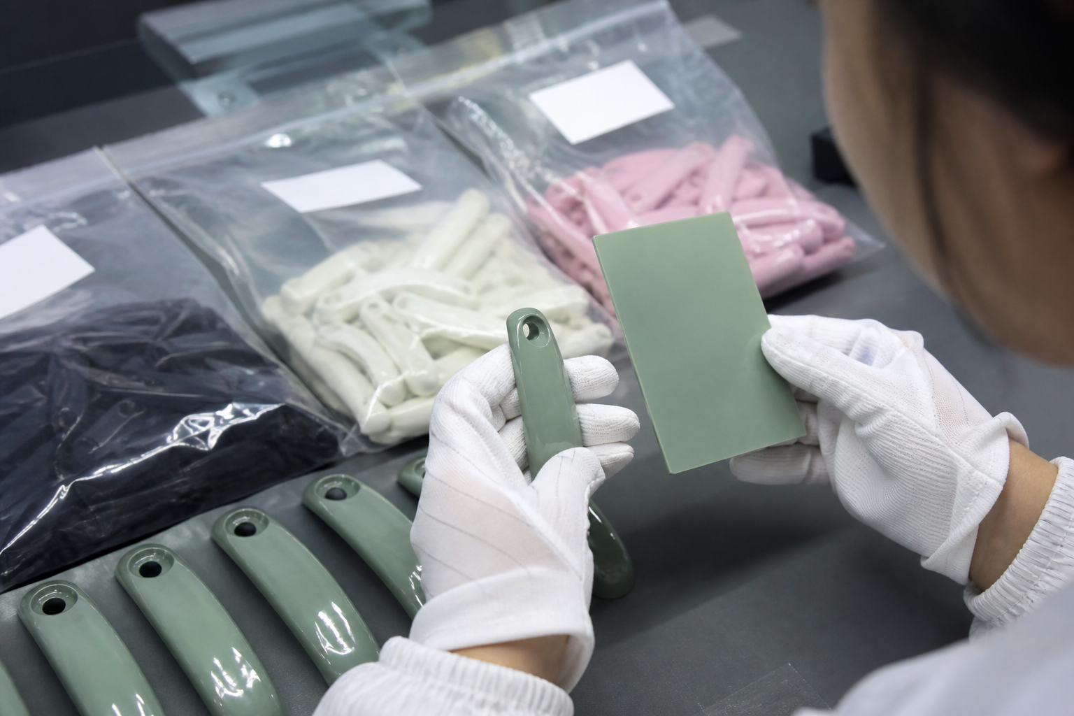 Gloved hands comparing product components with approved material samples