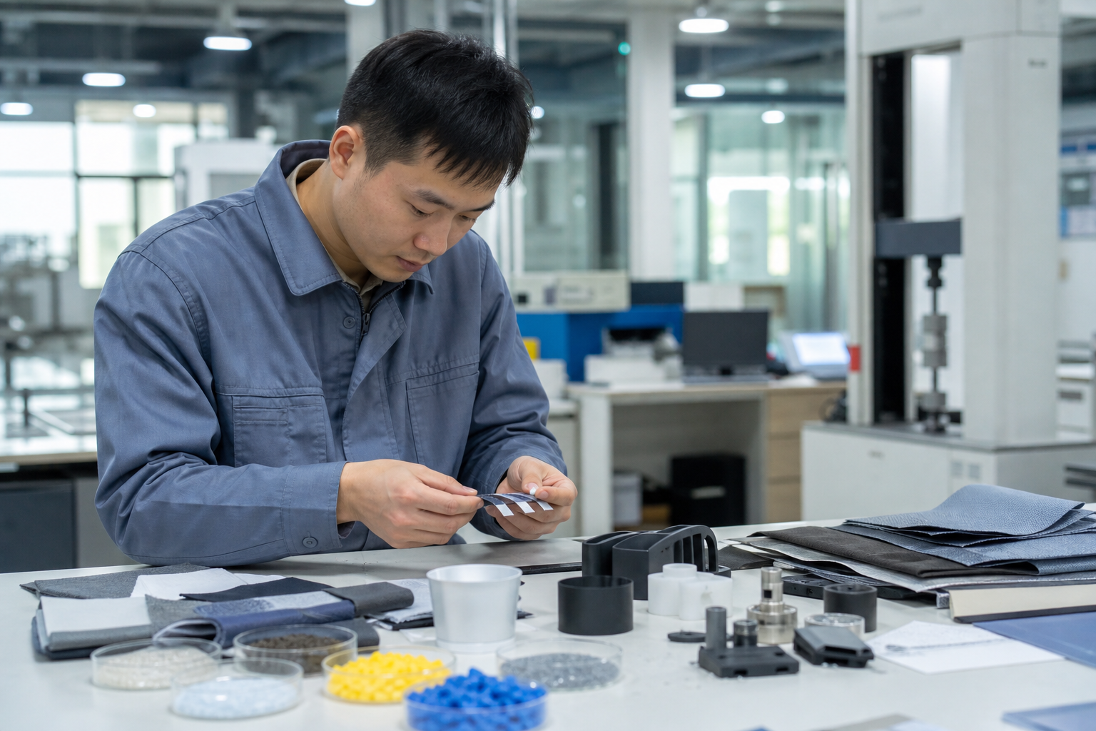 Asian materials technician reviewing consumer product components in a factory