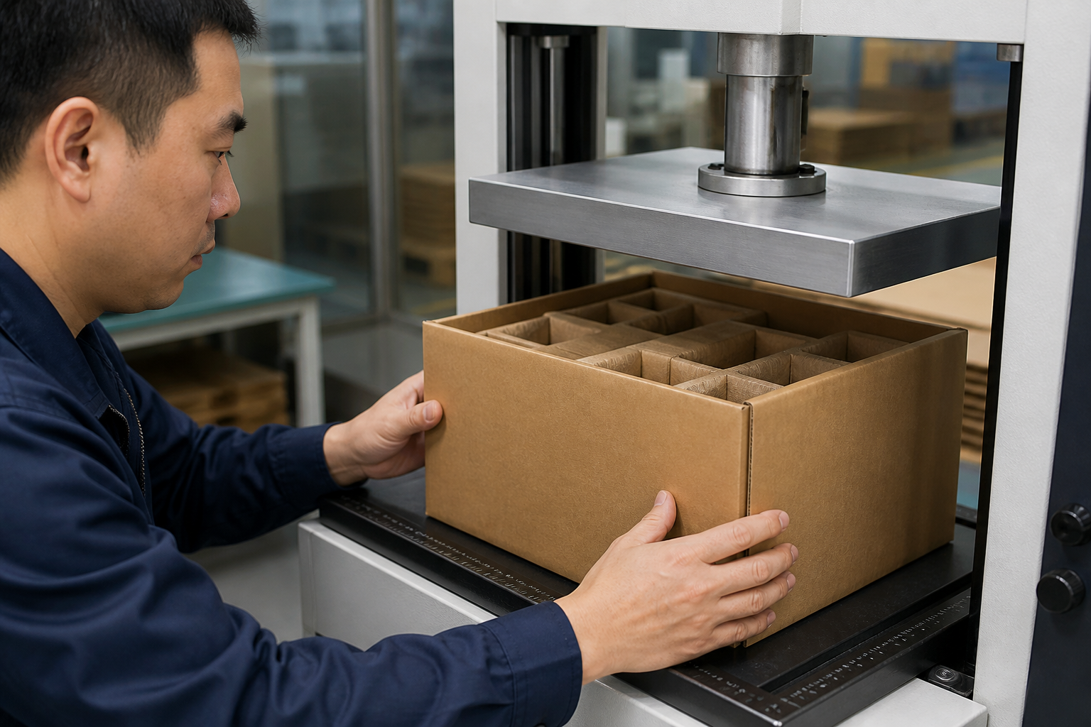 Factory worker performing a compression check on a corrugated carton