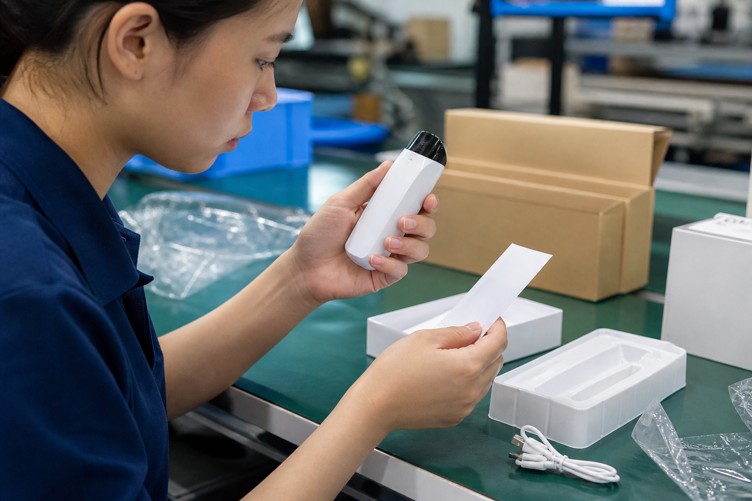 Quality employee checking a rechargeable product and included accessories
