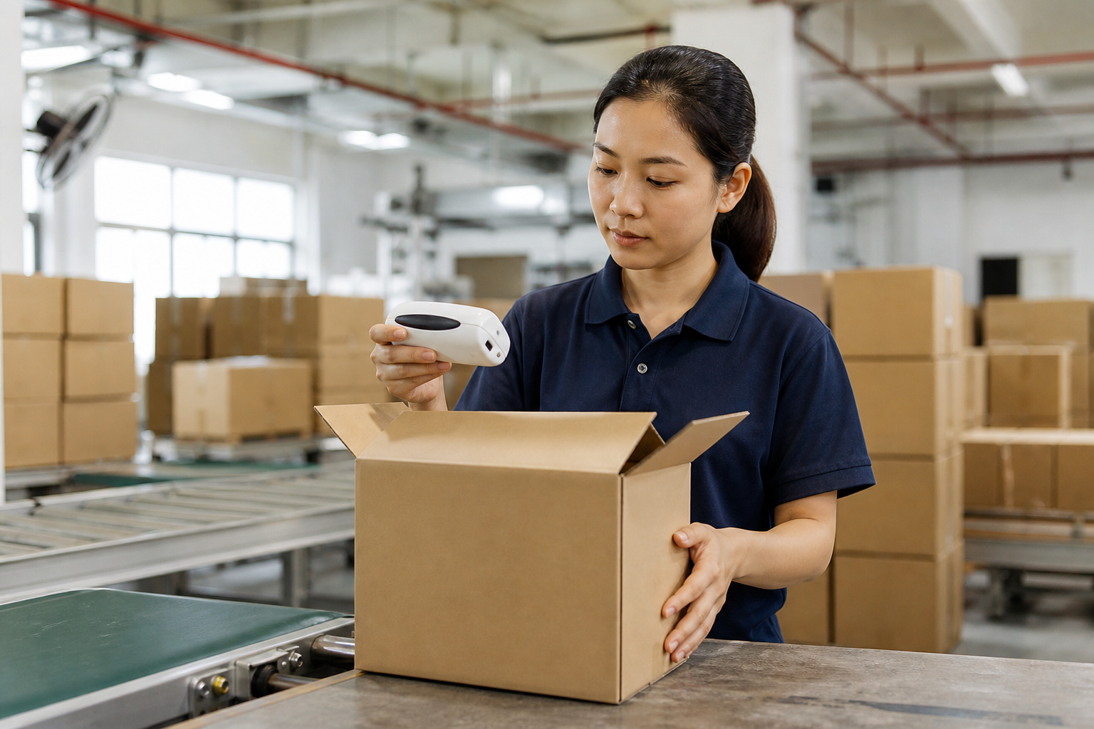 Asian export coordinator inspecting a small electronic product and export carton
