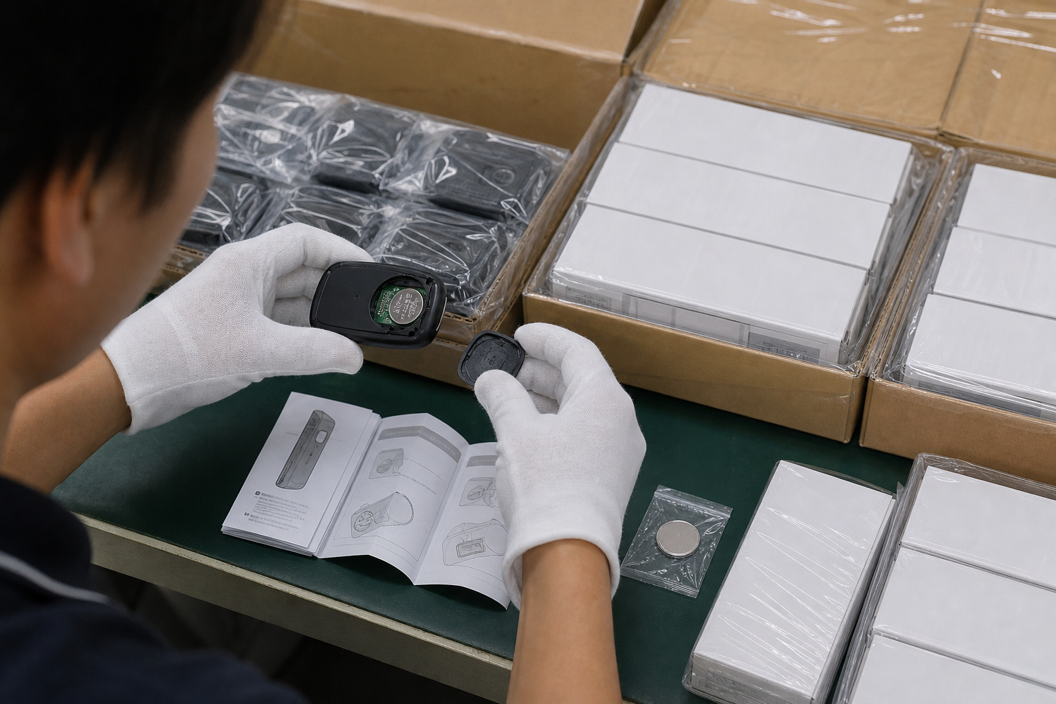 Asian quality inspector checking a small electronic product and retail package