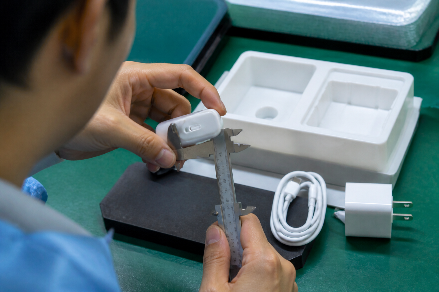 Asian quality inspector checking a device, charging cable and retail package