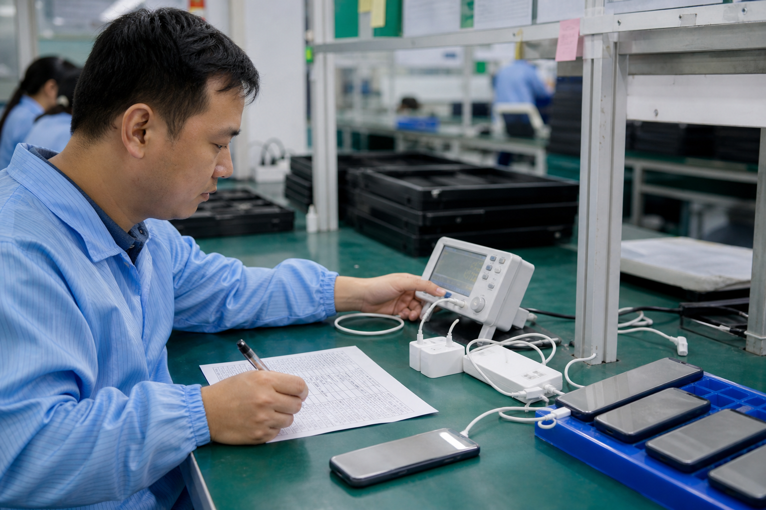 Asian electronics engineer examining a USB-C receptacle on an unbranded device