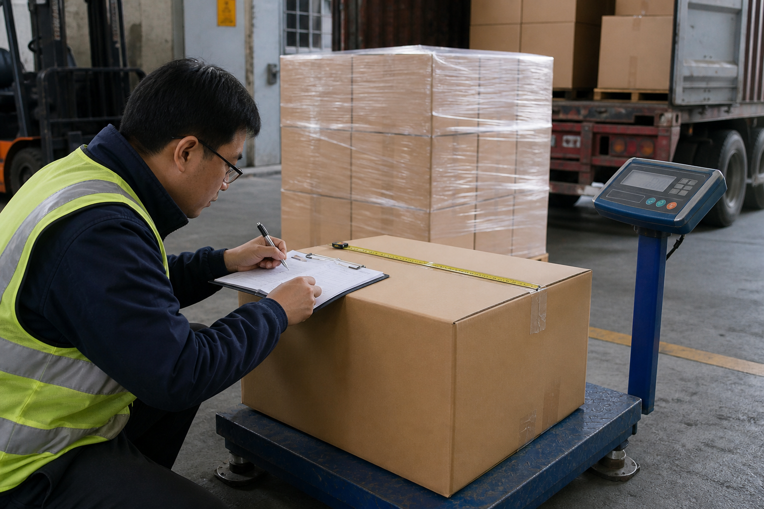 Asian shipment inspector checking cartons before container loading