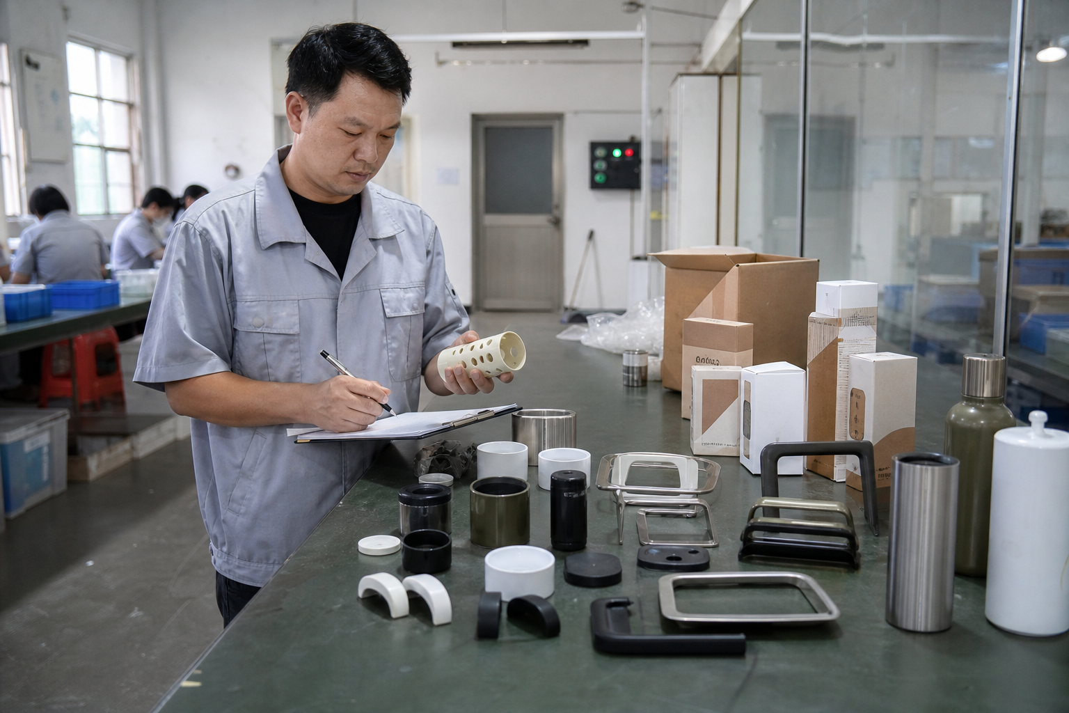 Asian quality engineer reviewing plastic, metal and coated consumer-product components