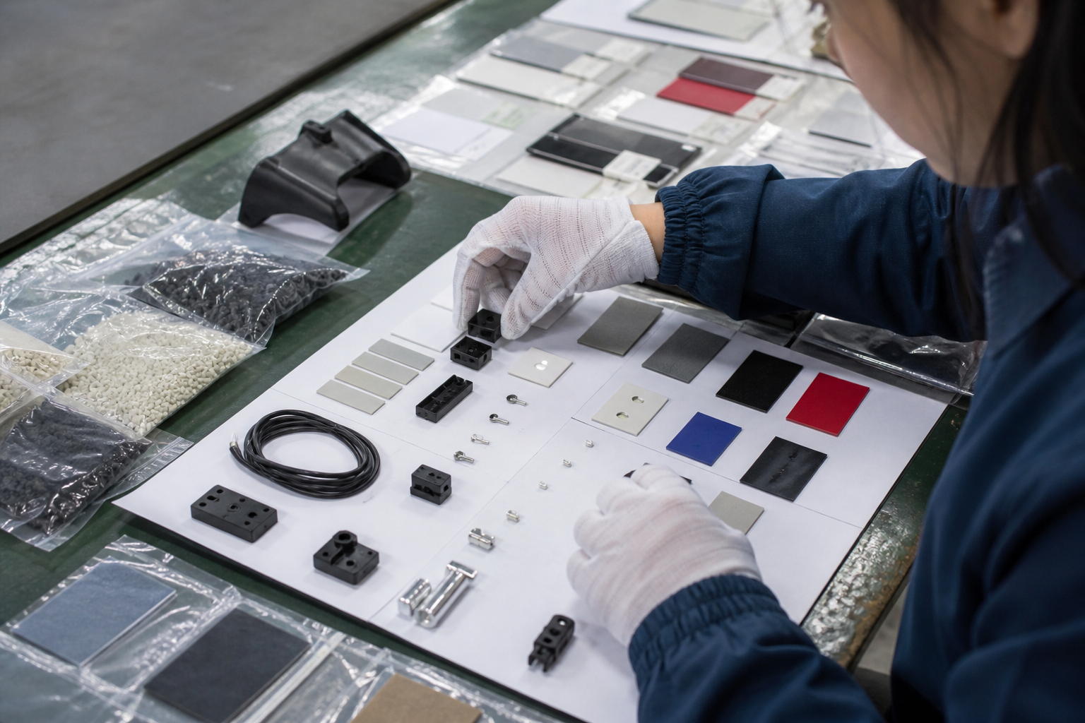 Asian inspector comparing finished product parts with an approved sample