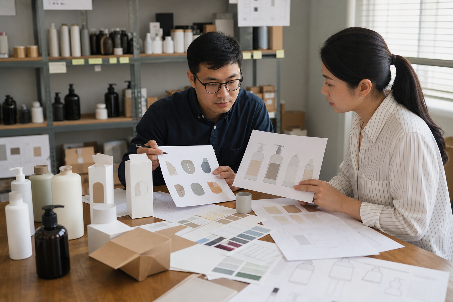 Asian packaging specialist reviewing blank product samples and artwork layouts