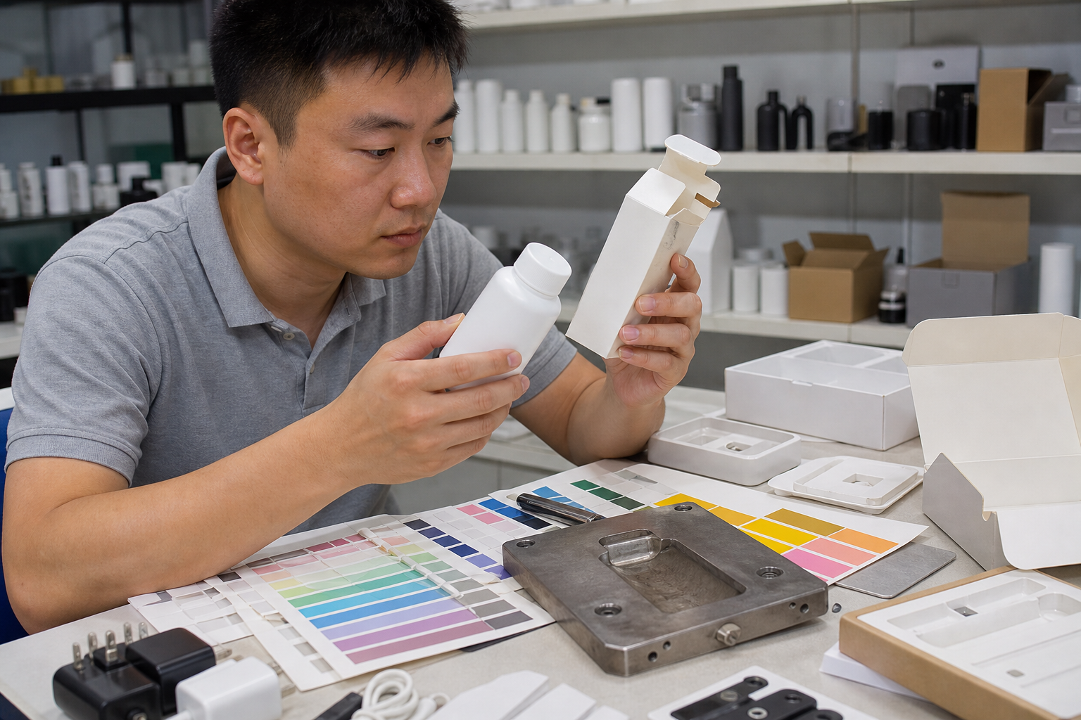 Asian quality inspector comparing approved artwork placement on plain packaging