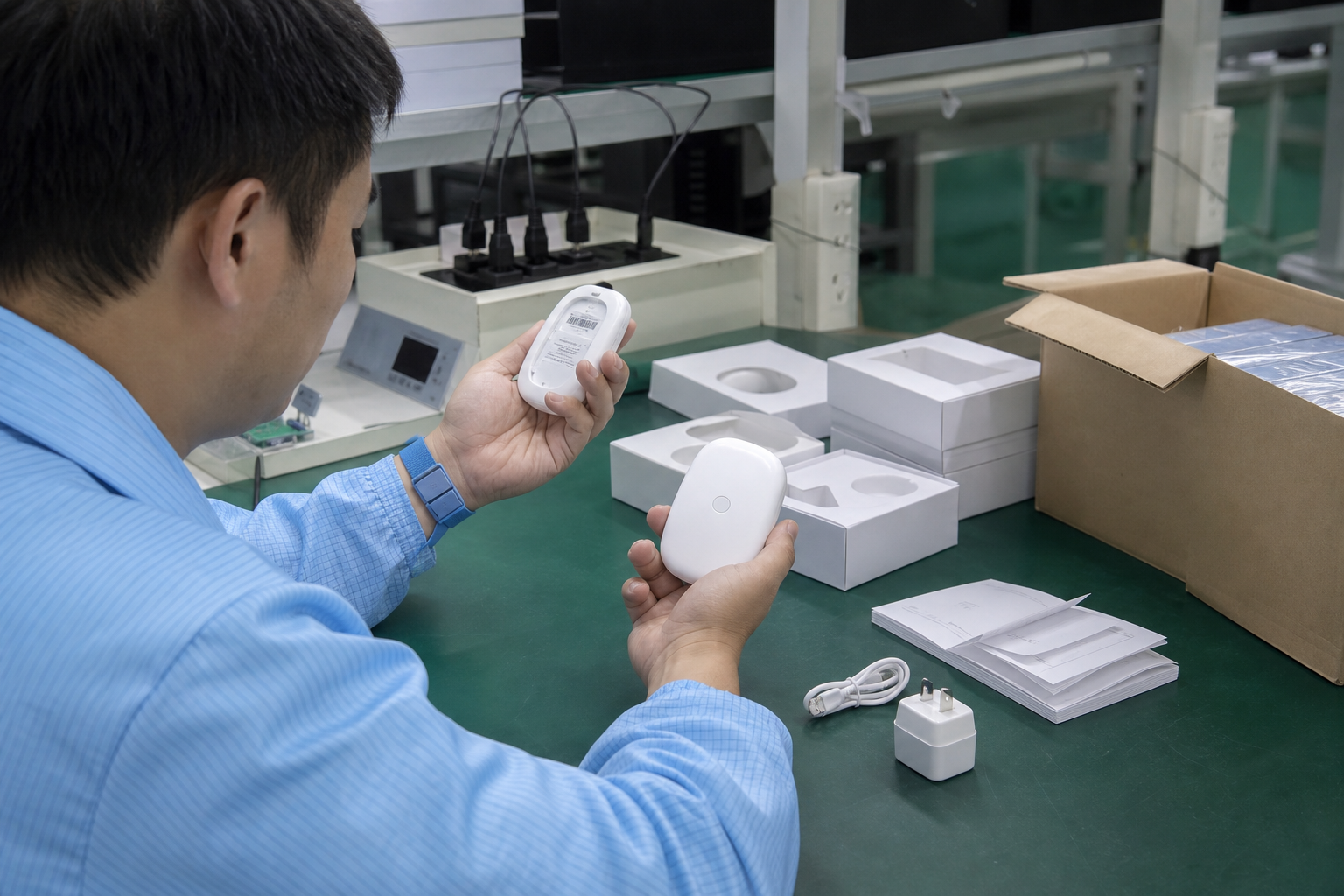 Asian quality inspector checking connected-device packaging and included instructions