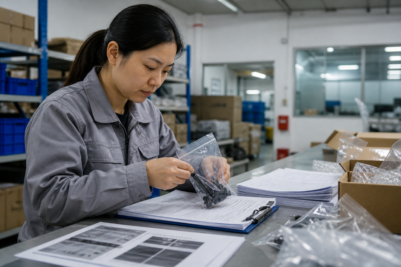 Asian quality manager isolating a sample and reviewing incident and shipment records