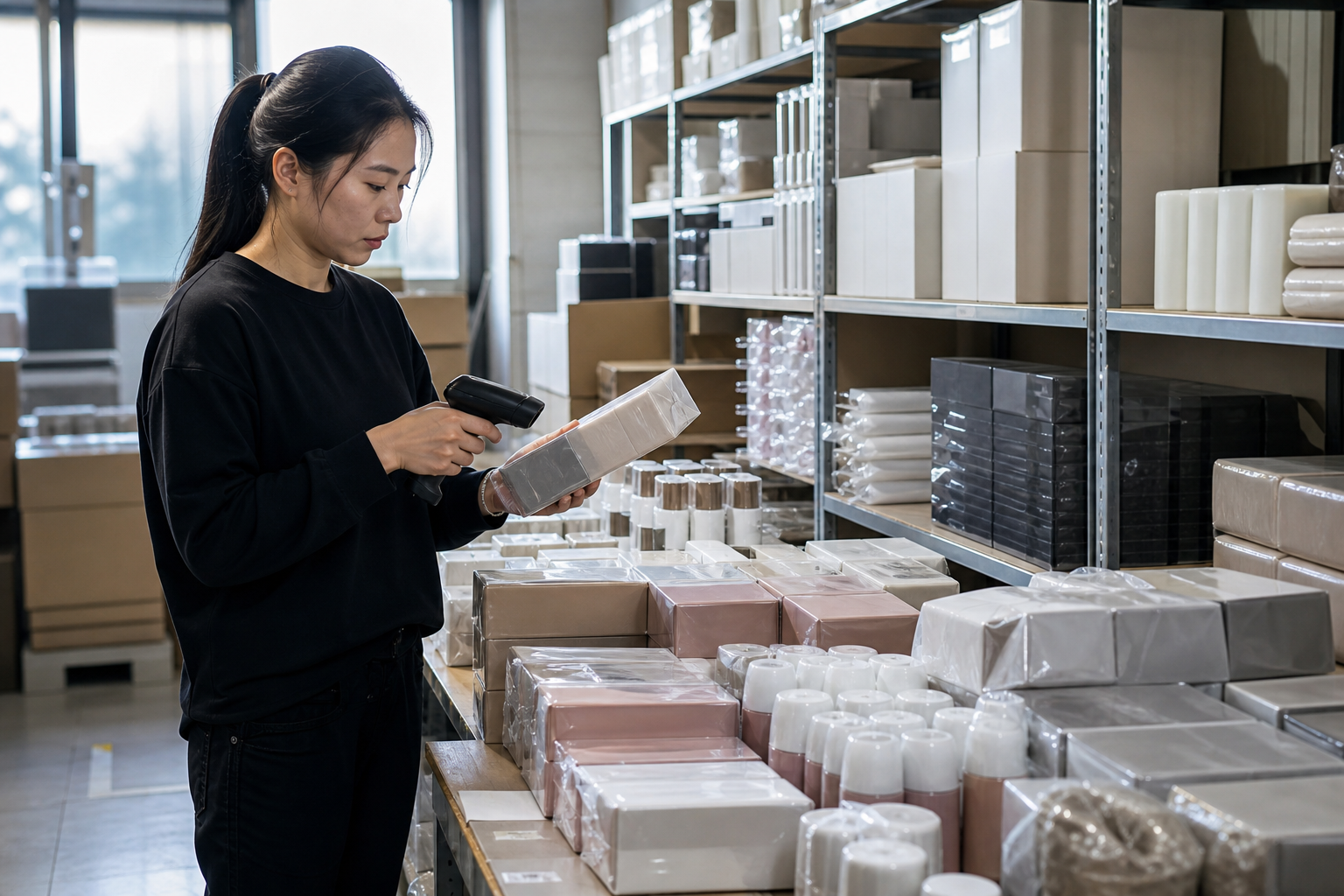 Asian warehouse coordinator scanning lot identifiers on consumer products for Canada