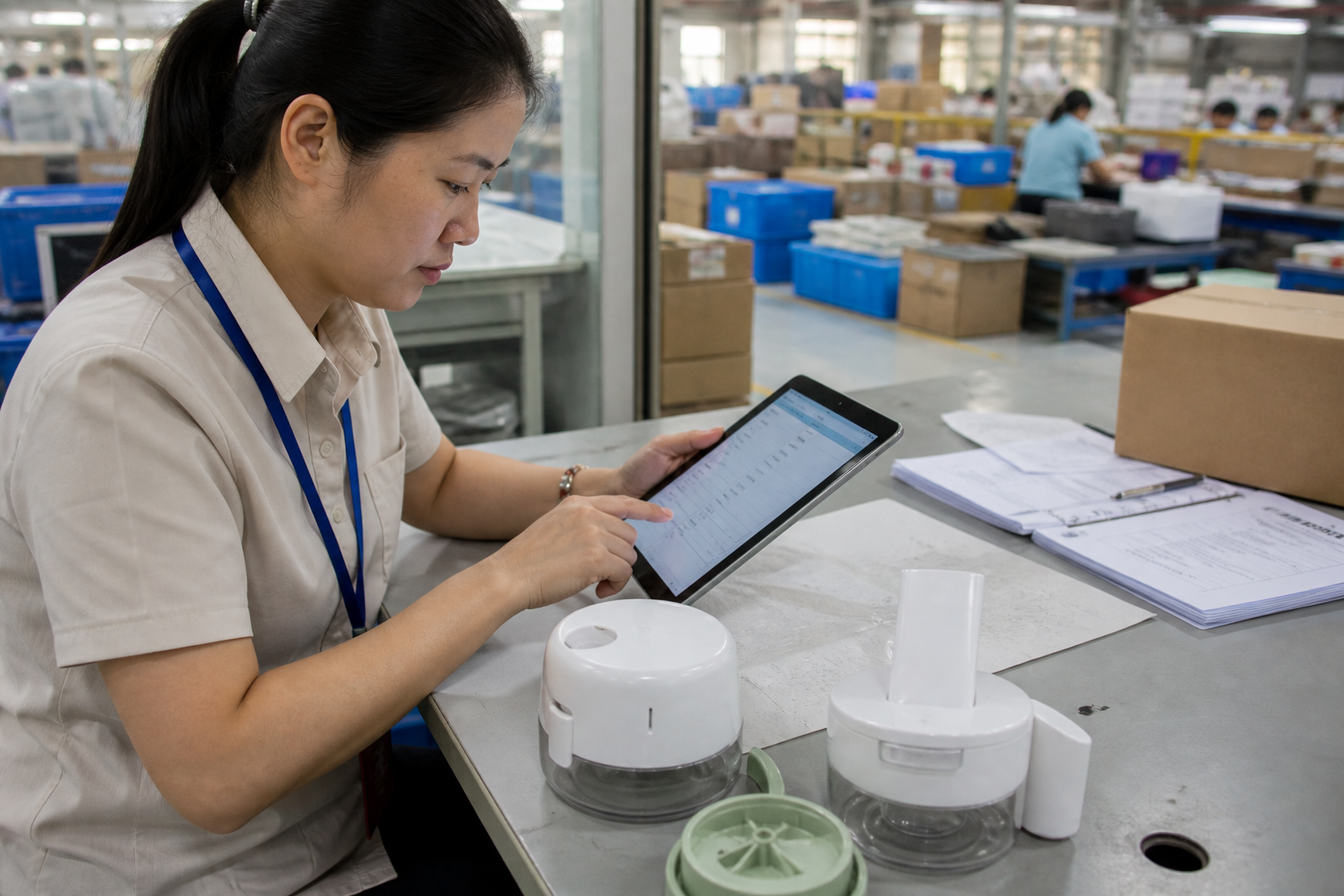 Asian compliance coordinator reviewing certificate fields beside unbranded product samples