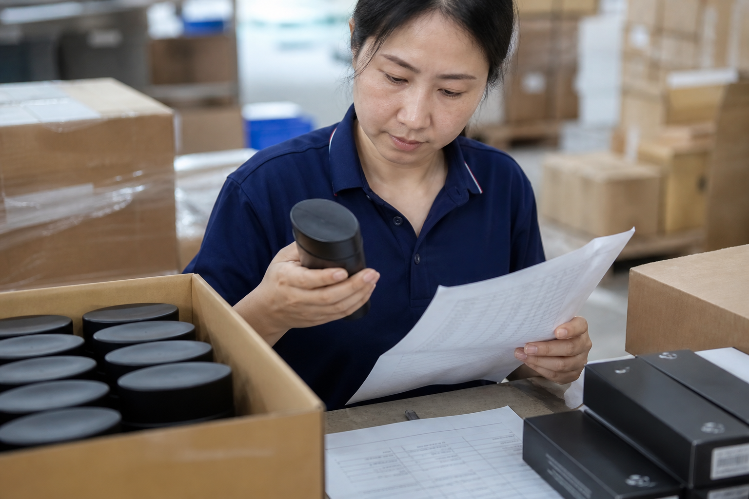 Asian quality inspector matching finished products to test reports and carton identifiers