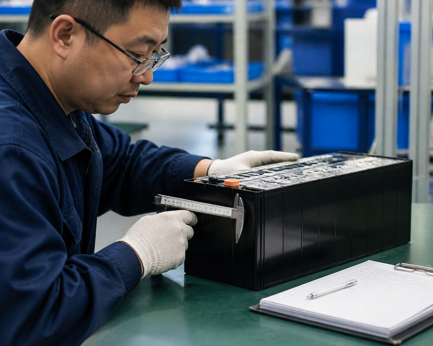 Asian inspector measuring an industrial battery pack and checking serial traceability