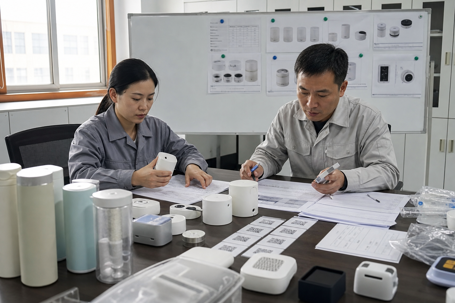 Asian data manager and factory engineer organizing product records and identifier placement