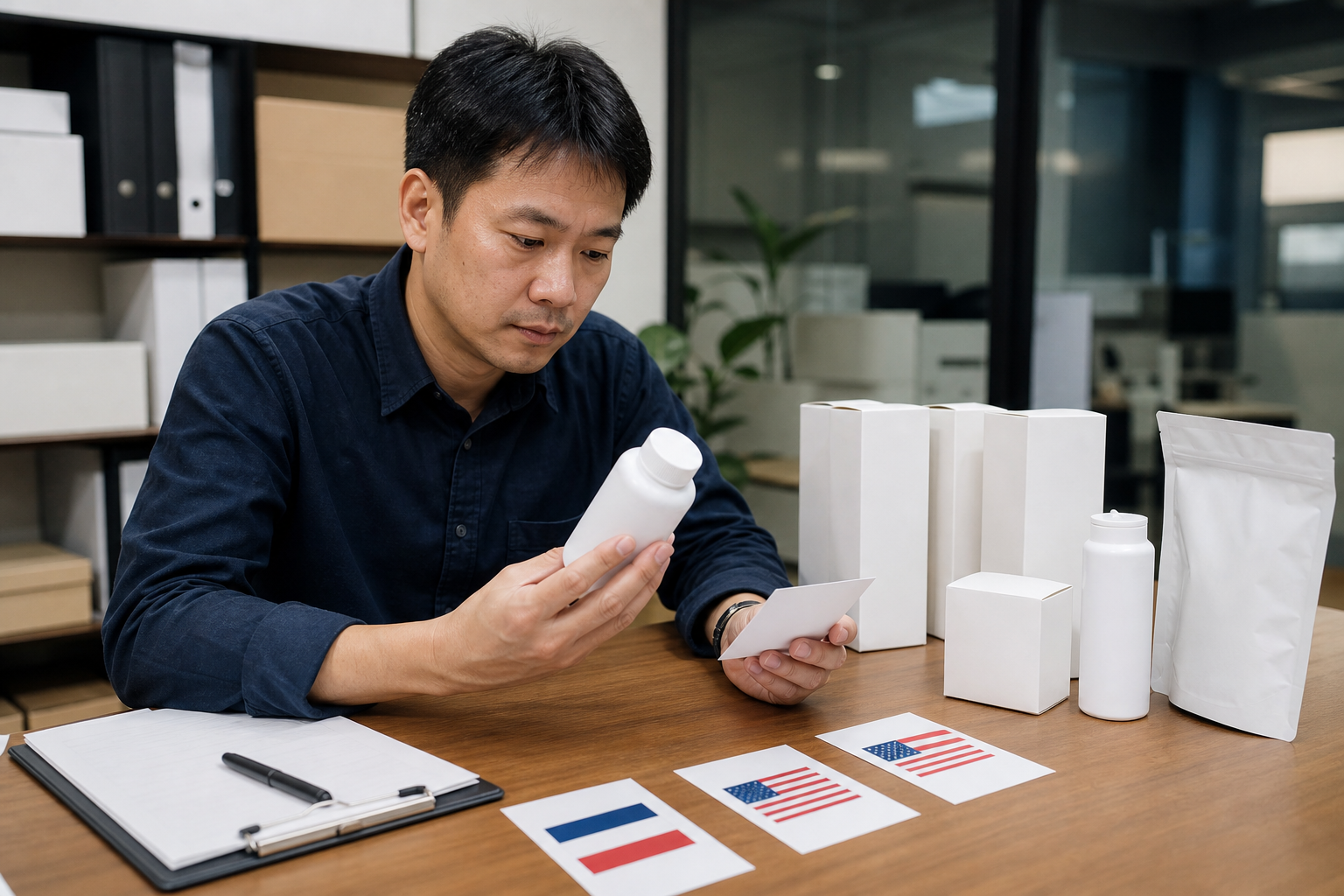 Asian inspector comparing origin marking on product packaging and cartons