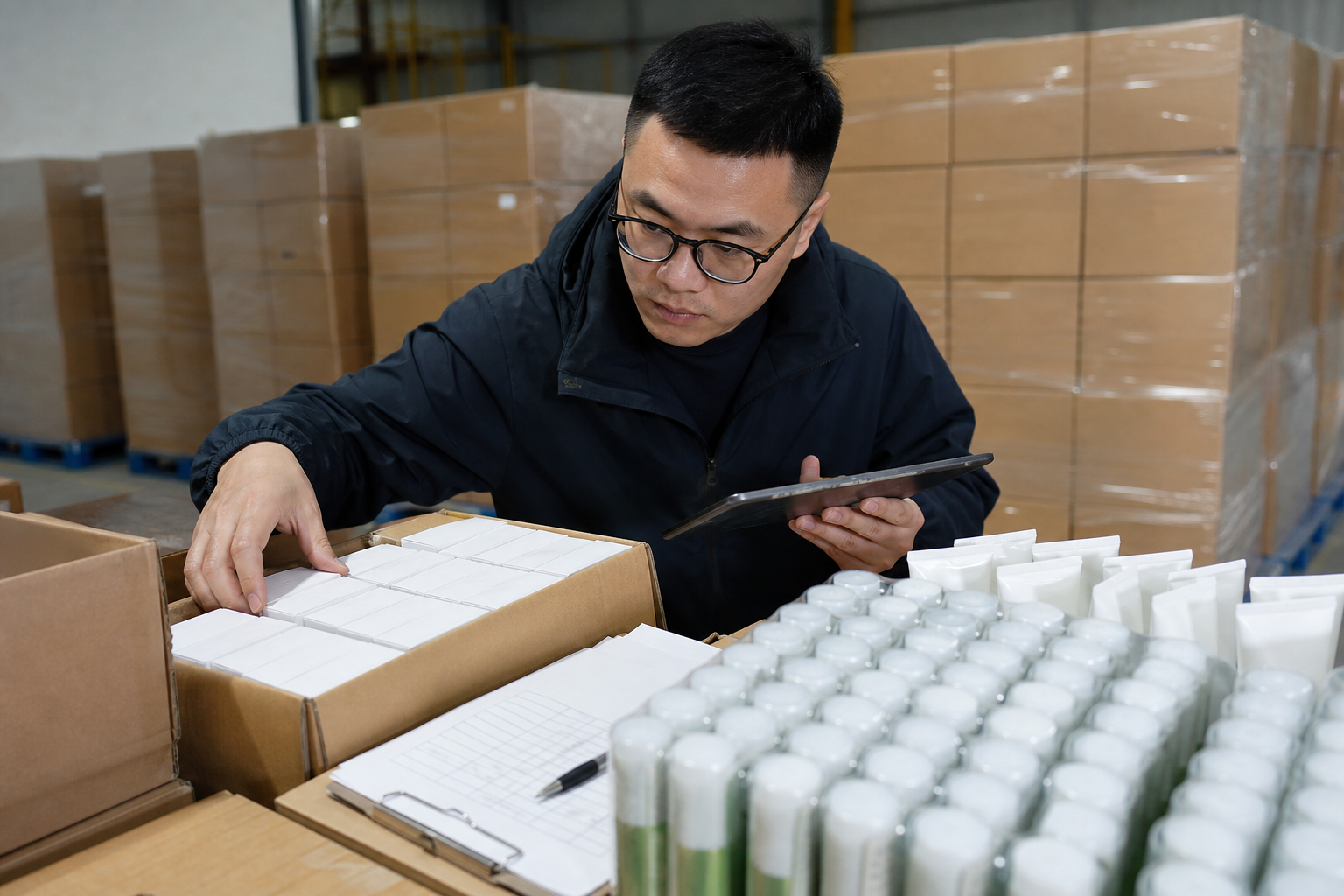 Asian warehouse inspector checking carton lots and supplier records for US export