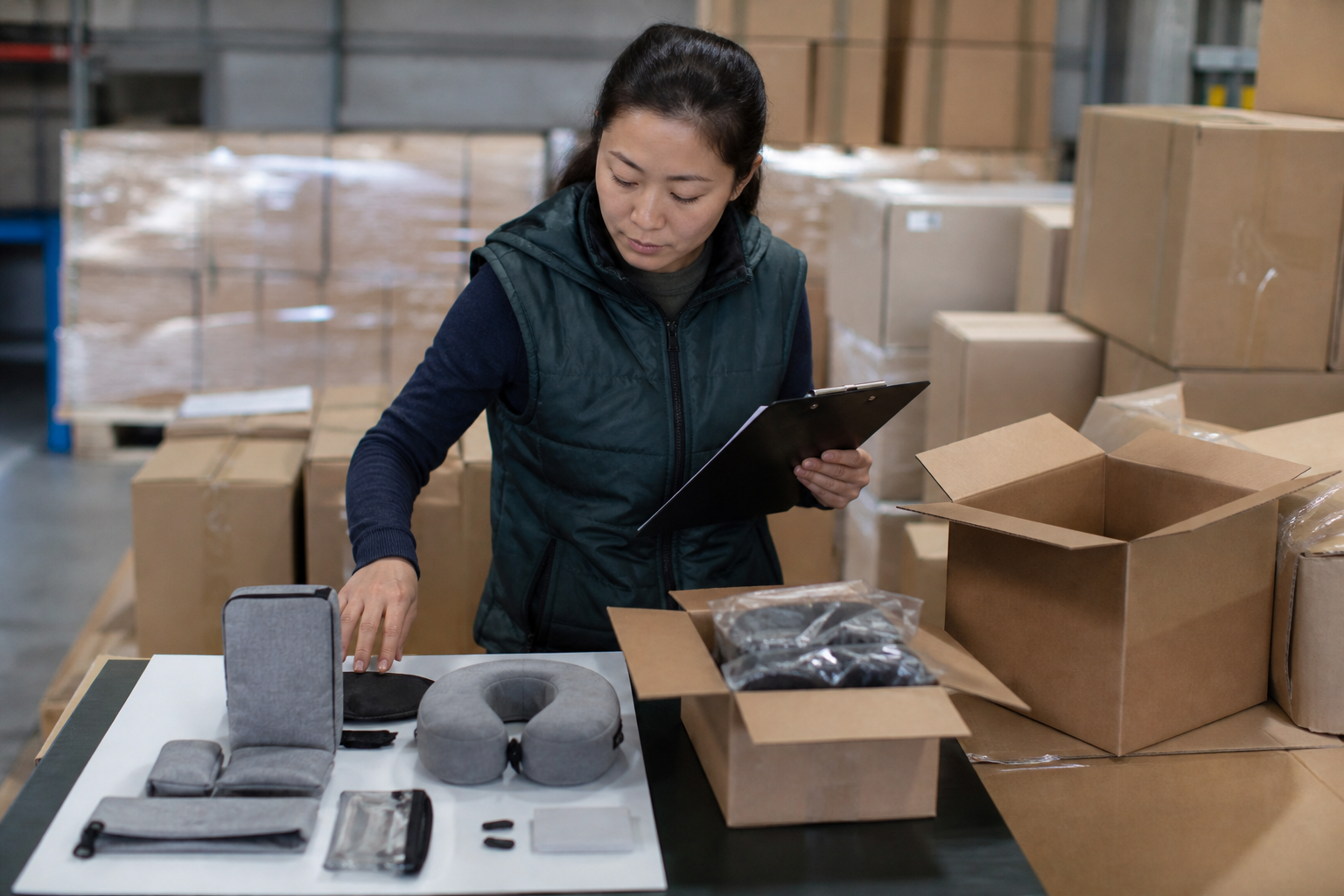 Asian quality inspector reviewing Canada-bound travel accessory cartons