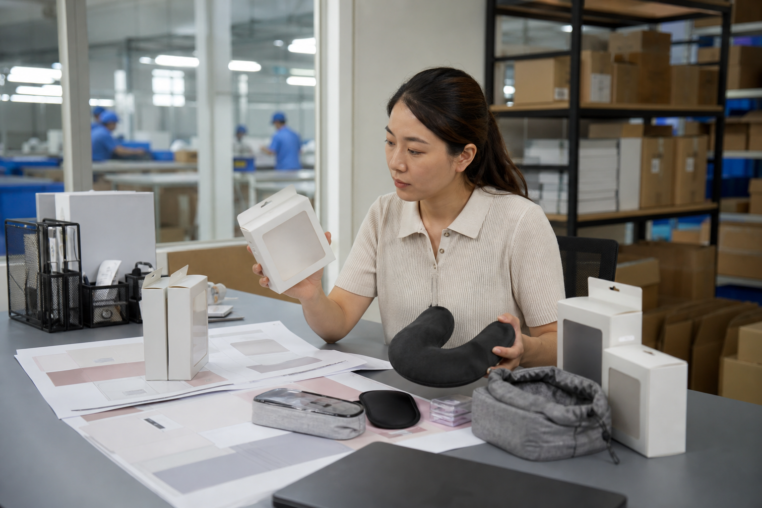 Asian packaging coordinator reviewing unbranded travel accessory packaging