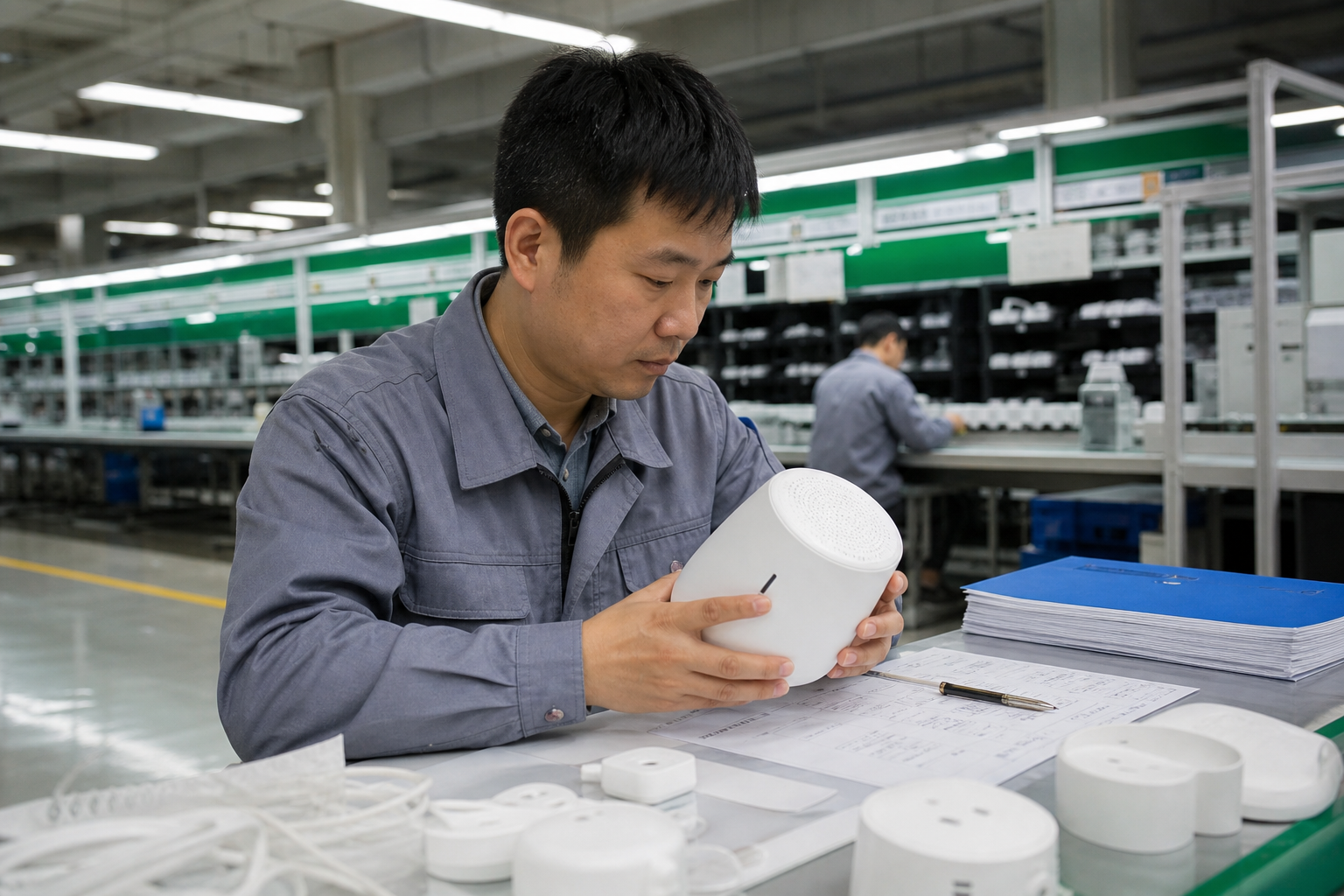 Asian electronics engineer reviewing an unbranded wireless product sample in a factory