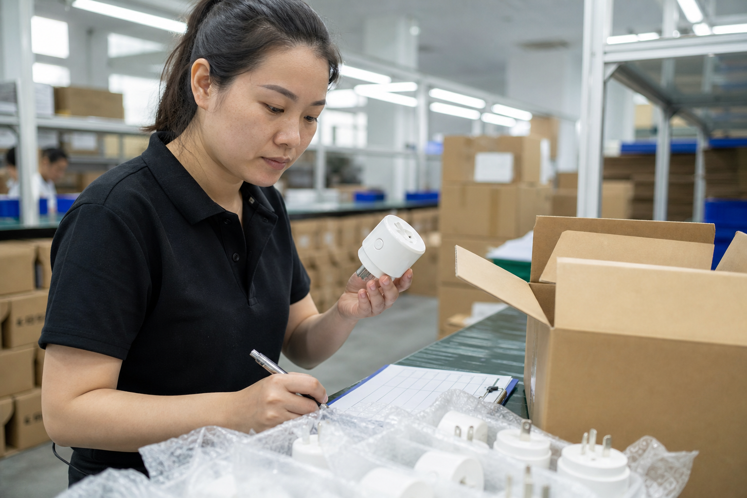 Asian quality inspector checking unbranded wireless products and export cartons