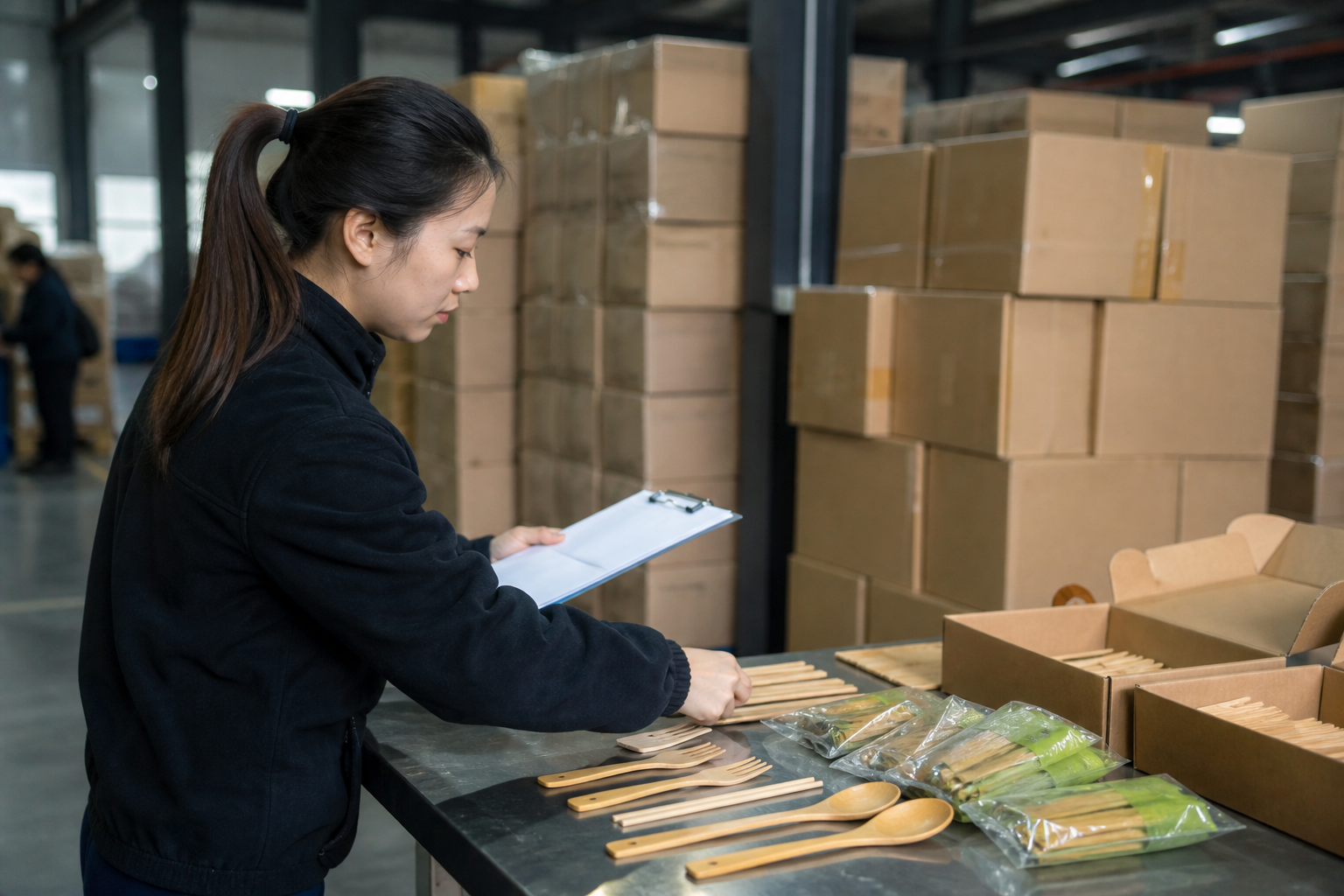 Asian staff member matching bamboo products to controlled shipment lots