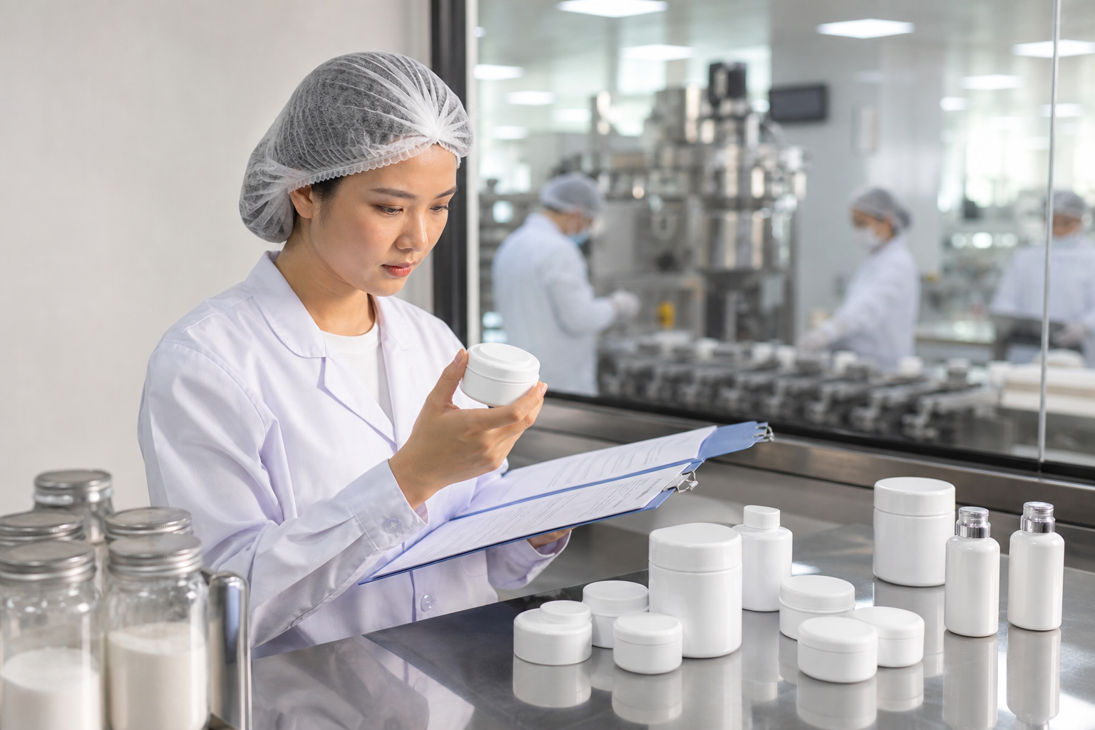Asian quality specialist reviewing unbranded cosmetic samples